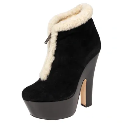 Pre-owned Dsquared2 Black/white Suede And Shearling Zip Platform Ankle Boots Size 39