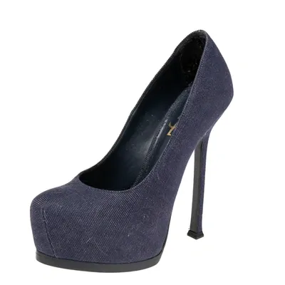 Pre-owned Saint Laurent Blue Denim Fabric Tribtoo Platform Pumps Size 36.5