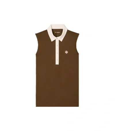 Tory Sport Performance Piqué Sleeveless Color-block Polo In Dark Roast/new Ivory