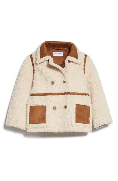 Stand Studio Kids' Chloe Double Breasted Faux Shearling Jacket In Off White,brown