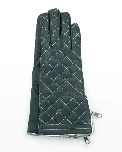 Portolano Diamond Quilted Cashmere-lined Zip Gloves In Iron Gry/silver