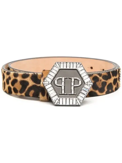 Philipp Plein Hexagon Leopard-print Belt In Braun