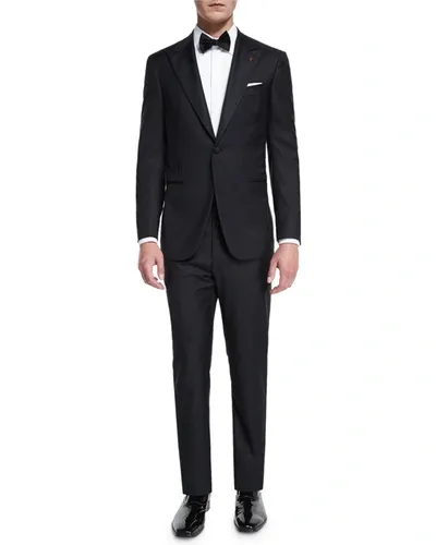 Isaia Satin Peak-lapel One-button Wool Tuxedo, Black