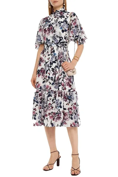 Erdem Stefanna Belted Floral-print Silk Crepe De Chine Midi Dress In White