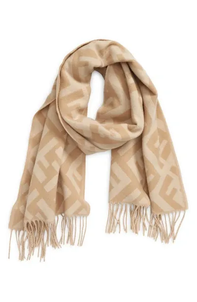 Fendi Ff Logo Jacquard Cashmere Scarf In Beige