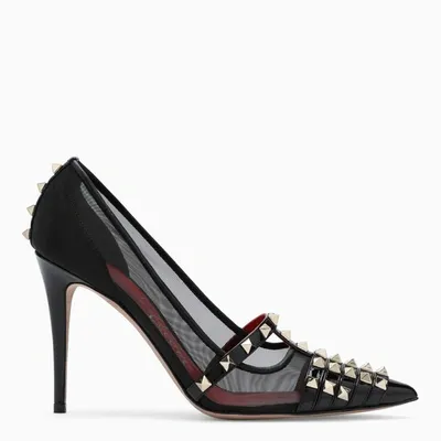 Valentino Garavani Black Leather And Mesh Rockstud Alcove Pumps