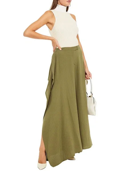 Valentino Topstitched Silk Crepe De Chine Wide-leg Pants In Green