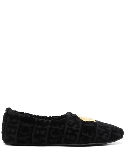 Versace Medusa-embroidered Terry-towelling Slippers In Black