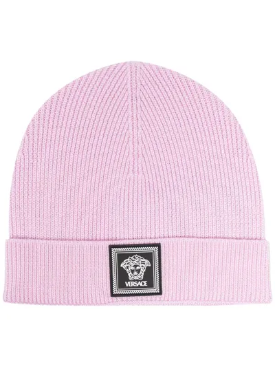 Versace Medusa Patch Beanie In Light Pink