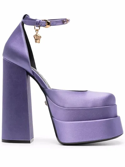 Versace Medusa Aevitas Embellished Satin Platform Sandals In Orchid