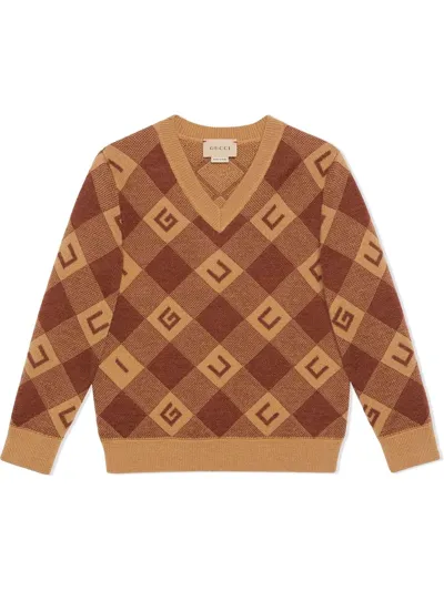 Gucci Kids' Checked Wool G Motif Jumper In Neutrals