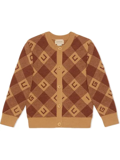 Gucci Kids Wool Check-print Logo Cardigan In Brown