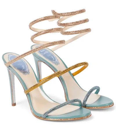 René Caovilla Cleo Embellished Leather Sandals In Beige Satin/g Beryl-smoked Sap