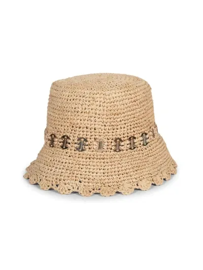 Rabanne Embellished Scalloped Raffia Bucket Hat In Natural Light Gold