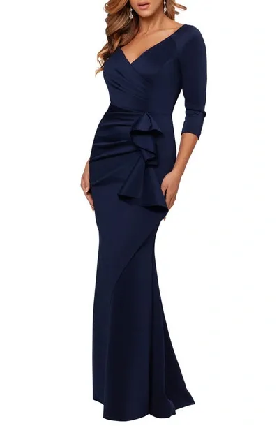 Xscape Ruched Scuba Ruffle Gown In Midnight