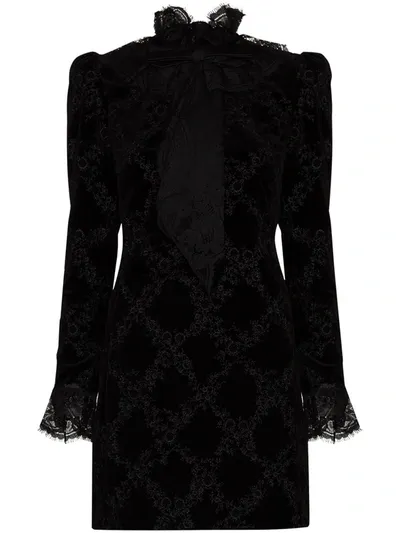 Saint Laurent Embroidered Velvet Ruffle Lace Mini Dress In Black