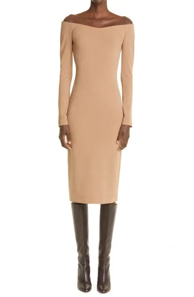 Fendi Off-shoulder Wool Jersey Midi Dress In Camel