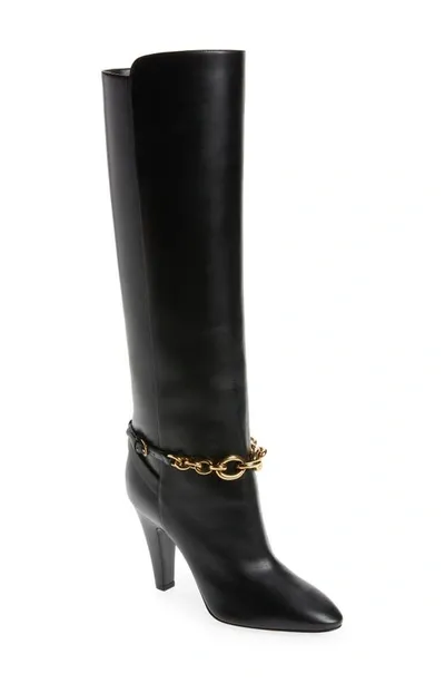 Saint Laurent Le Maillon Chain-embellished Leather Knee Boots In Nero