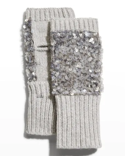 Jocelyn Sequin Fingerless Knit Mittens In Light Grey