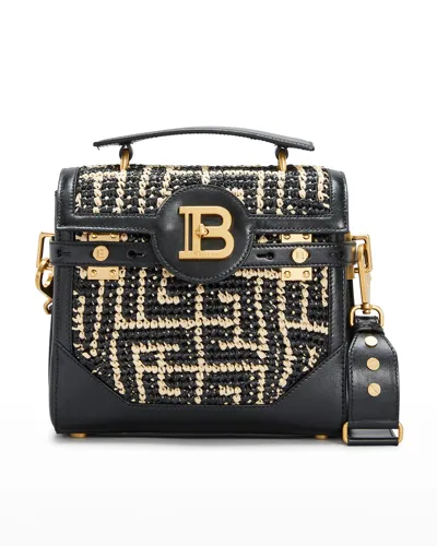 Balmain Bbuzz 23 Monogram Raffia Satchel Bag In Gau Naturel Noir