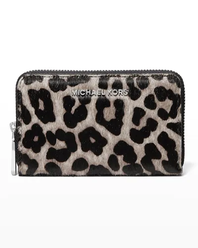 Michael Michael Kors Jet Set Leopard-print Faux Fur Card Case In Black