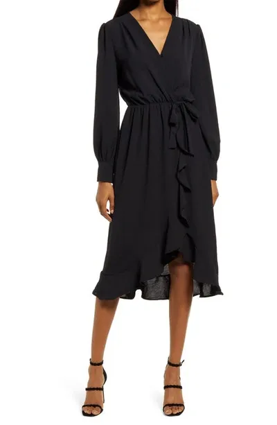 Fraiche By J Faux Wrap Ruffle Long Sleeve Dress In Black