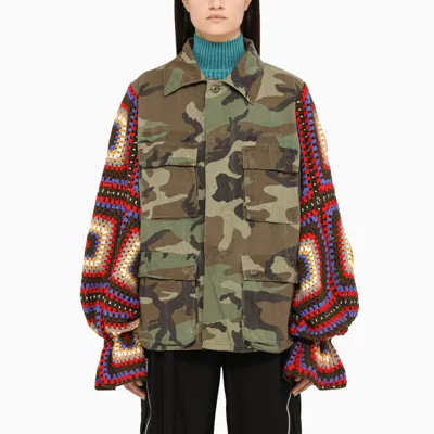 Tu Lizé Green Camouflage Jacket With Crochet Sleeves In ["green"/ "multicolor"/ "print"]