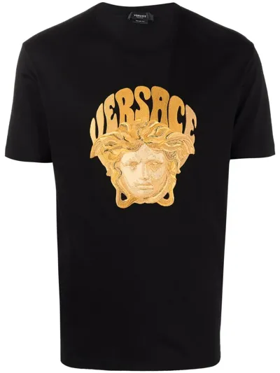 Versace Medusa Embroidery Cotton Jersey T-shirt In Black