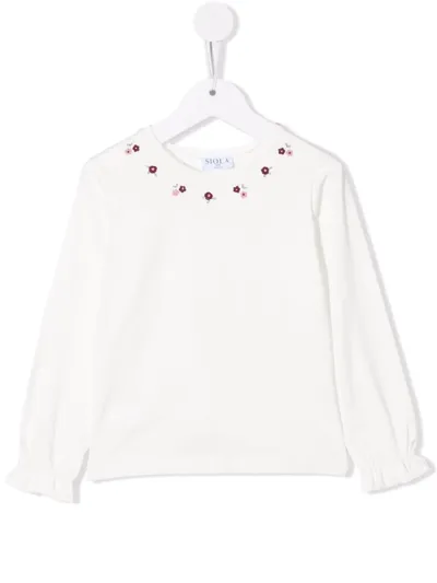 Siola Kids' Floral-embroidery Long-sleeve T-shirt In White