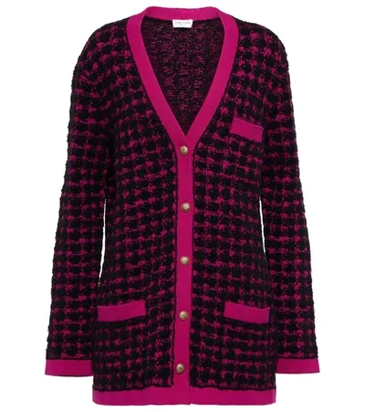 Saint Laurent Check-pattern Textured Long Cardigan In Black,pink