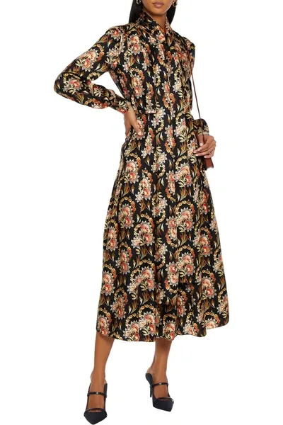 Oscar De La Renta Belted Pleated Floral-print Silk-twill Midi Dress In Black