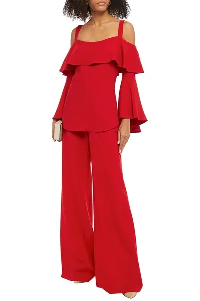 Elie Saab Cold-shoulder Ruffled Crepe Top In Red