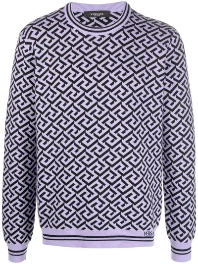 Versace Greca Signature Wool Blend Knit Sweater In Purple