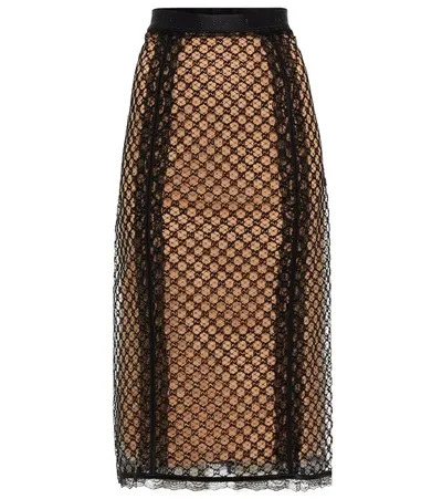 Gucci Gg-embroidered Mesh-overlay Midi Skirt In Black