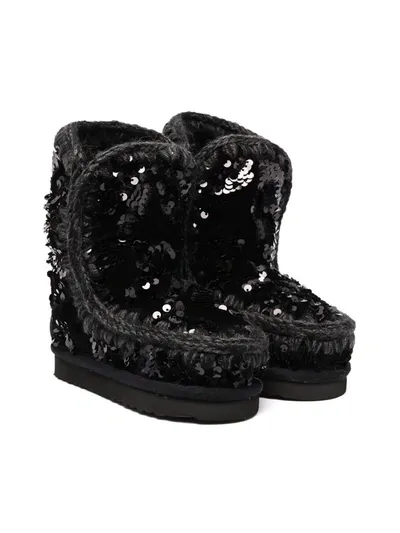 Mou Kids' Sequin-embellished Shearling-lined Boots In Nero