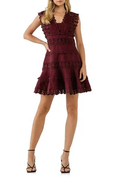 Endless Rose Women's Plunging Neck Lace Trim Dress In Burgundy