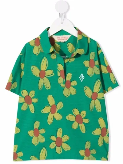 The Animals Observatory Kids' Floral-print Cotton Polo Shirt In Green