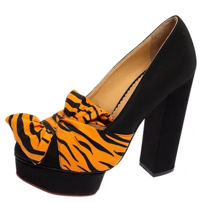 Pre-owned Charlotte Olympia Black/orange Zebra Print Satin Dolly Bow Pumps Size 37.5