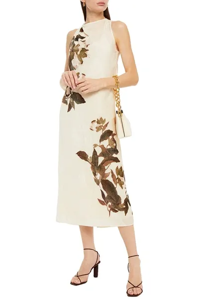 Vince Draped Floral-print Velvet Midi Dress In Black