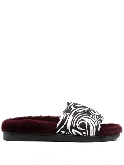 La Doublej Printed-strap Faux-fur Slides In Multi