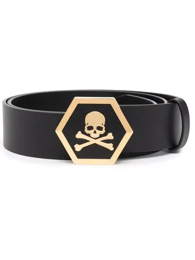 Philipp Plein Leather Skull-buckle Belt In Black