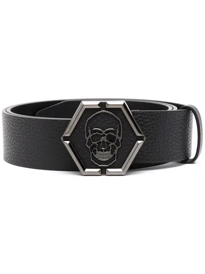 Philipp Plein Skull Buckle Leather Belt In Black