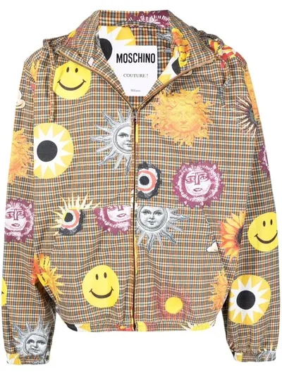 Moschino Allover Sun Smiley® Print Check Cotton Windbreaker In Beige