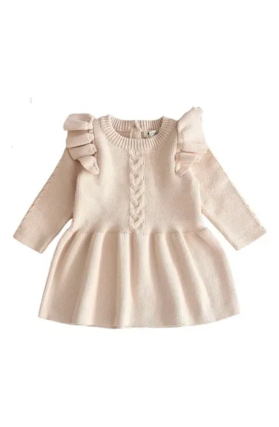 Ashmi And Co Babies' Eva Ruffle Shoulder Long Sleeve Knit Cotton Dress In Beige