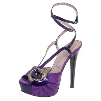 Pre-owned Versace Purple Suede And Patent Leather Platform Ankle Strap Sandals Size 36