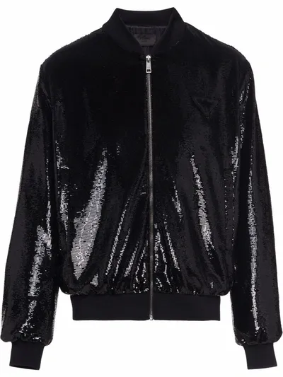 Prada Sequin-embellished Zip-front Bomber Jacket In Black