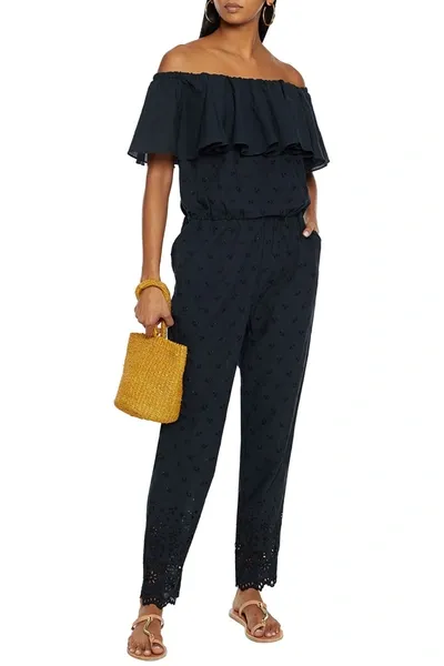 Id Sarrieri Off-the-shoulder Voile-paneled Broderie Anglaise Cotton Jumpsuit In Navy