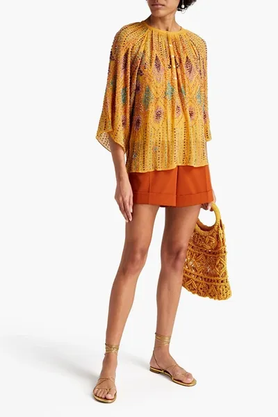 Antik Batik Gathered Embellished Gauze Blouse In Yellow