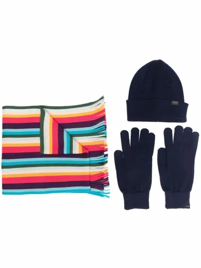 Paul Smith Stripe-print Beanie Set In Blue