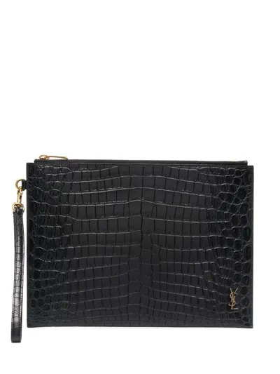 Saint Laurent Ysl-plaque Crocodile-effect Leather Pouch In Nero